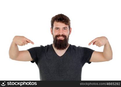 Man with long beard pointing to himself isolated on white background