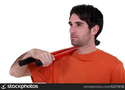 Man with long handled cable cutters