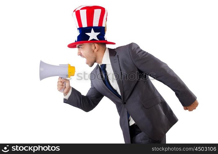 Man with loudspeaker and american hat