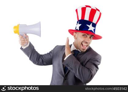 Man with loudspeaker and american hat