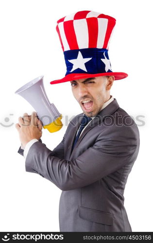 Man with loudspeaker and american hat