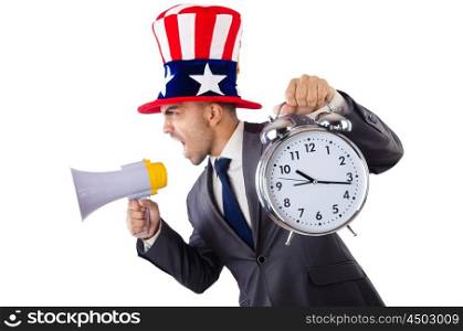 Man with loudspeaker and clock