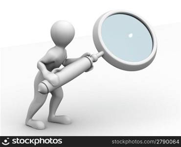 Man with loupe. Search. 3d