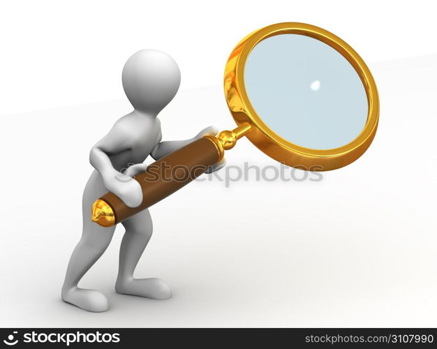 Man with loupe. Search. 3d