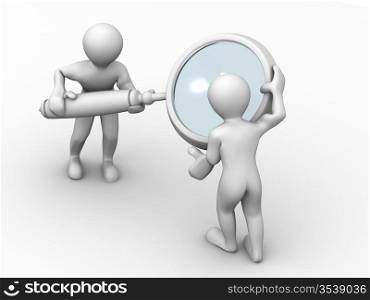 Man with loupe. Search. 3d