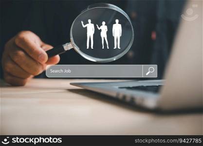 Man with magnifying glass looks at laptop, searching for information. Job search, internet world concept. Technology, SEO, career, education. Office desk, laptop, and magnifier. depiction of searching