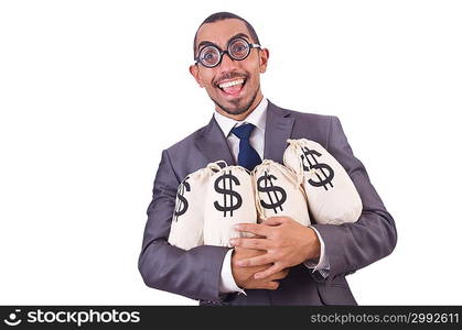 Man with money sacks on white