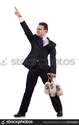 Man with money sacks on white