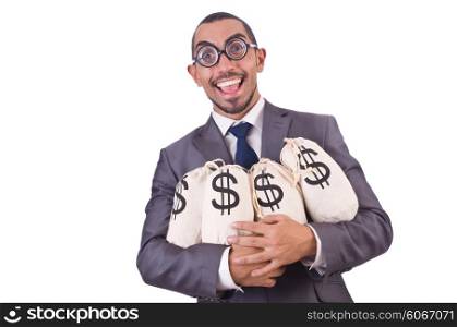 Man with money sacks on white