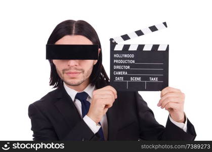 Man with movie board on white. Young man with black face mask on white