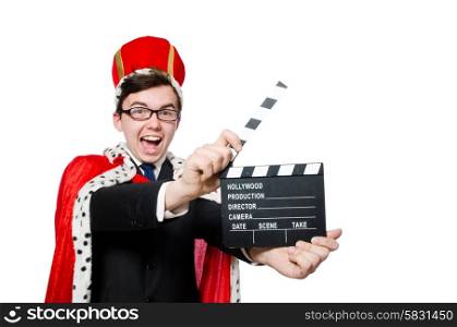 Man with movie clapboard isolated on white