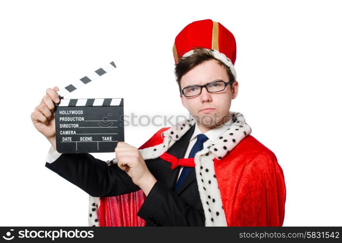 Man with movie clapboard isolated on white