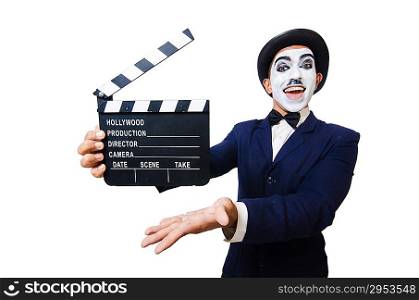 Man with movie clapper isolated on white