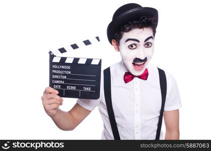 Man with movie clapper isolated on white