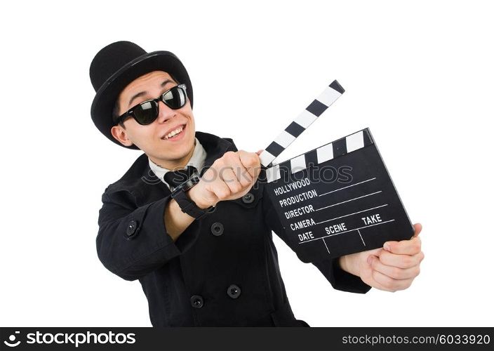 Man with movie clapper isolated on white