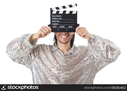 Man with movie clapperboard and hat