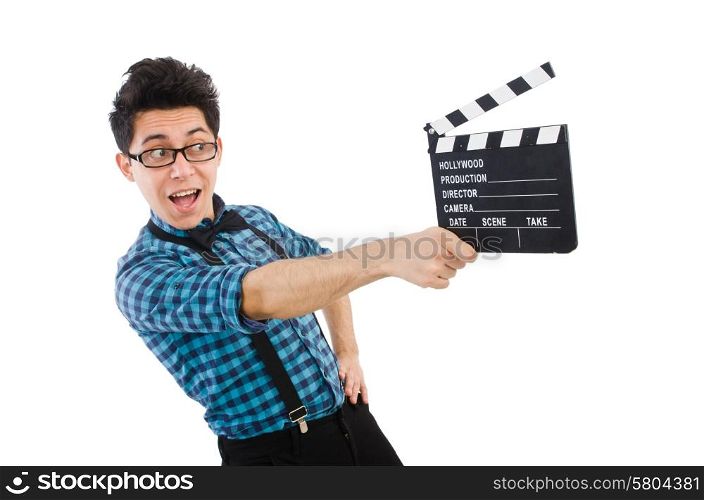 Man with movie clapperboard isolated on white
