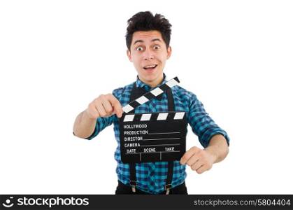 Man with movie clapperboard isolated on white
