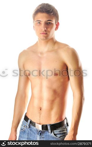 Man with muscular torso over white