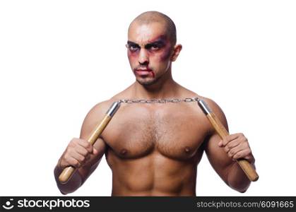 Man with nunchucks isolated on white