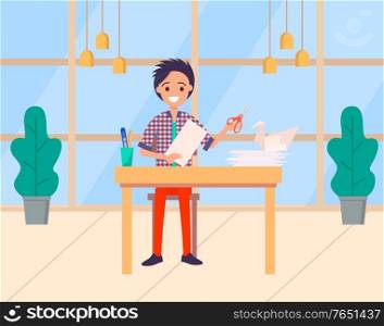 Man with papers vector, origami classes flat style hobby of character. Smiling personage with page and crane, scissors and tools for making handmade. Hobby of Person, Japanese Art of Origami Vector