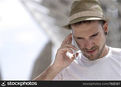 Man with phone. Happy man talking phone. Man walking with phone. Man outdoor with phone. Businessman outdoor with phone.