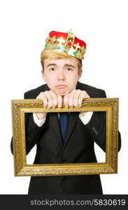 Man with picture frame isolated on the white