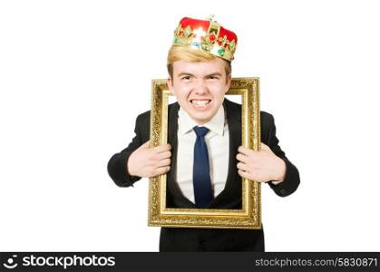 Man with picture frame isolated on the white