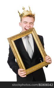 Man with picture frame isolated on the white