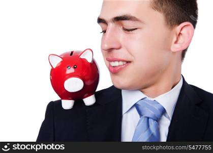 Man with piggybank isolated on white