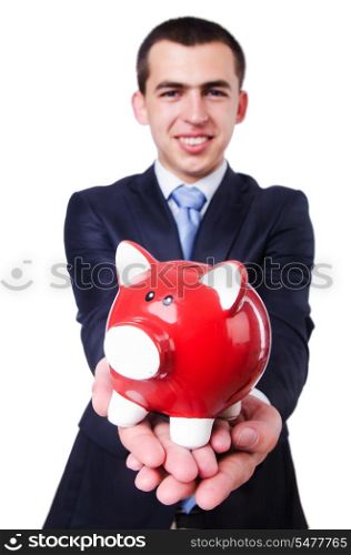 Man with piggybank isolated on white