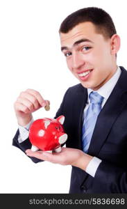 Man with piggybank isolated on white