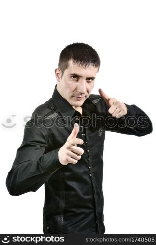 man with pointing gesture of hands
