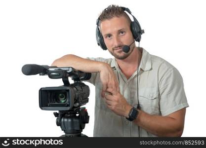 man with professional camcorder isolated on the white background