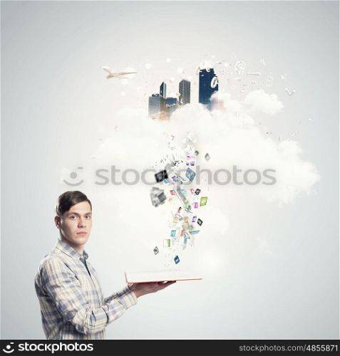 Man with red book. Young man in casual holding opened book and icons flying out