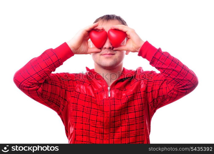 "Man with red heart-shapes instead of eyes isolated on white. Concept "love is blind""