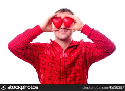 "Man with red heart-shapes instead of eyes isolated on white. Concept "love is blind""