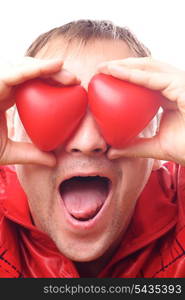 "Man with red heart-shapes instead of eyes isolated on white. Concept "love is blind""