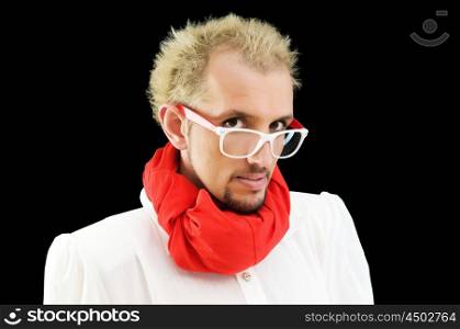 Man with red scarf on the black