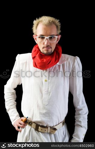 Man with red scarf on the black
