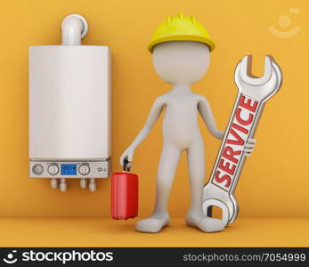 Man with red suitcase and a wrench with an inscription service and modern turbofan boiler. 3D rendering.