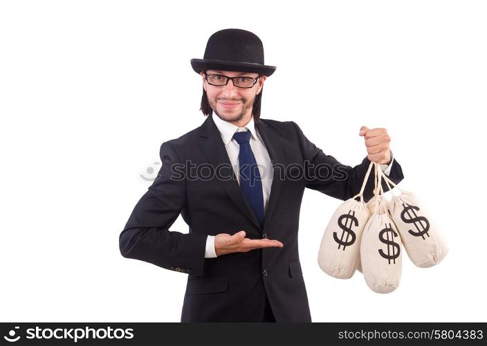 Man with sacks of money isolated on white