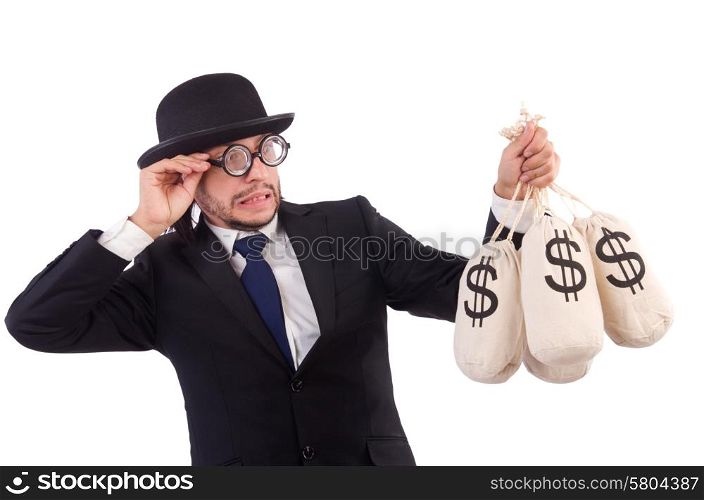 Man with sacks of money isolated on white