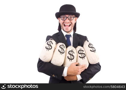 Man with sacks of money isolated on white