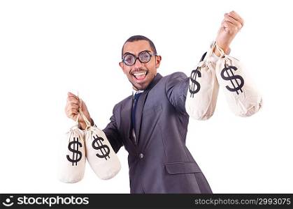 Man with sacks of money on white