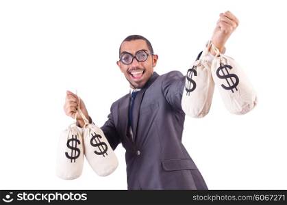 Man with sacks of money on white