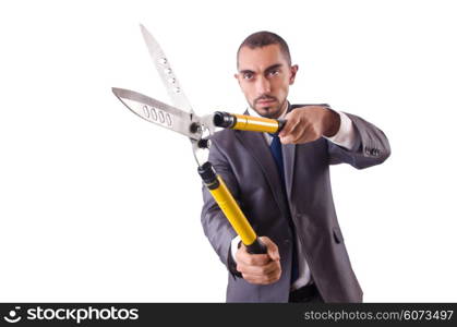 Man with shears in job cutting concept