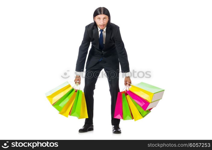 Man with shopping bags isolated on white