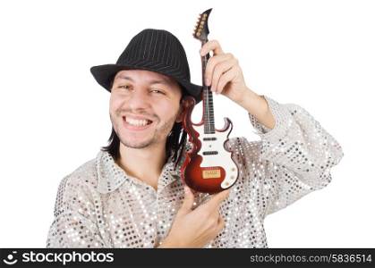 Man with small guitar in funny musical concept