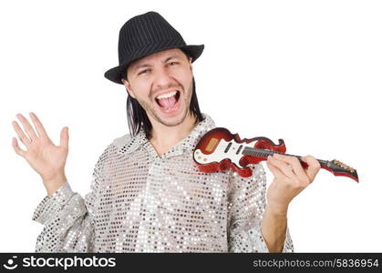 Man with small guitar in funny musical concept